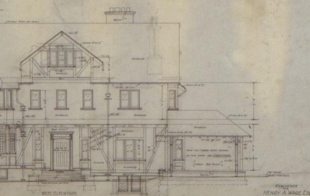 Original 1913 architectural elevation of Henry A. Ware House by Greene and Greene showing English Revival design with complex roof