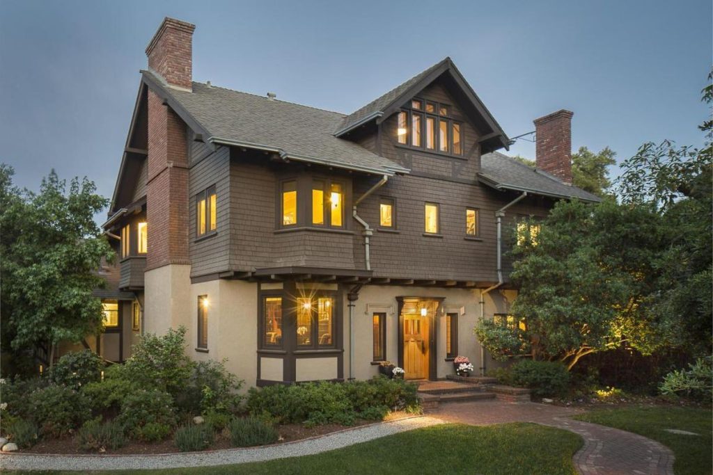 Contemporary photograph of Henry A. Ware House by Greene and Greene showing English Revival architecture with shingle and plaster construction in Pasadena