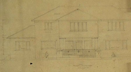 Historic architectural elevation of the Dr. Myron W. Walker House additions by Henry Greene, showing residential expansion design and architectural integration