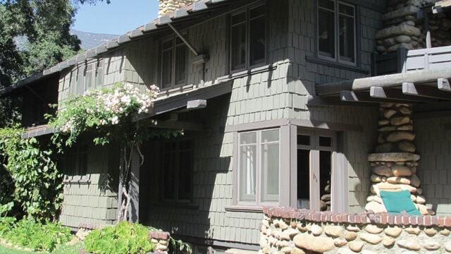 Contemporary photograph of William M. Ladd House by Greene and Greene showing linear bungalow design with mountain valley setting in Ojai California