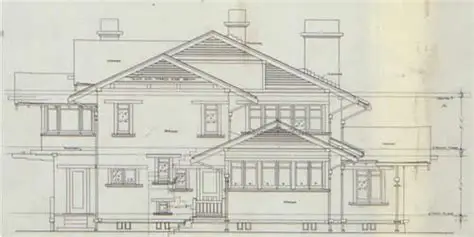 Annie Blacker House 1912 architectural drawing by Greene and Greene showing west elevation with T-shape plan, spreading gable, and refined residential design in Pasadena California