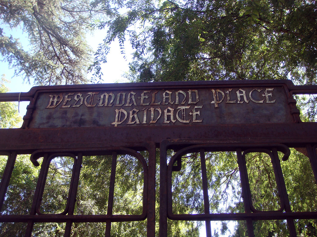Westmoreland Place Private gate signage detail Greene Greene Arts and Crafts lettering wrought iron craftsmanship community infrastructure design Pasadena