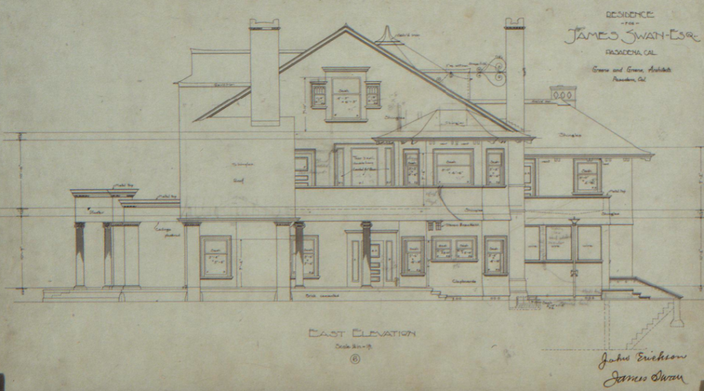 East elevation drawing of the James Swan House designed by Greene & Greene and built in 1898.