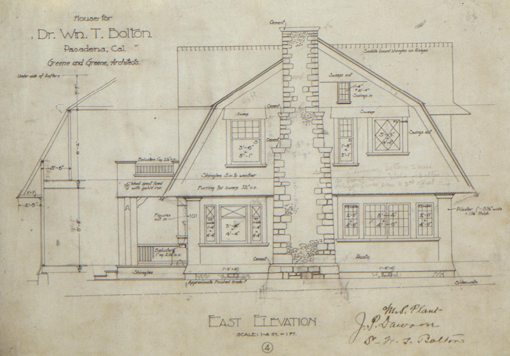 East elevation architectural drawing Dr William T Bolton House 1900 Greene Greene gambrel roof Shingle Style cobblestone chimney barn gables Arts Crafts transition Pasadena California