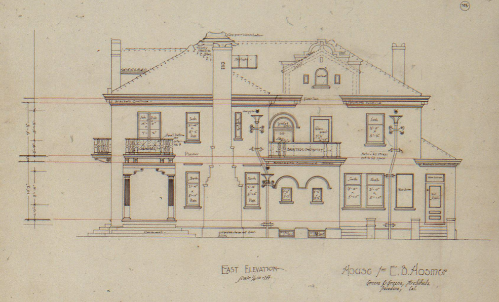East elevation drawing Edward B. Hosmer House Greene and Greene classical residential design