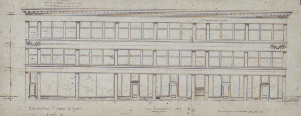 East elevation drawing Joseph N. Kinney Building 1896 Greene and Greene commercial architecture