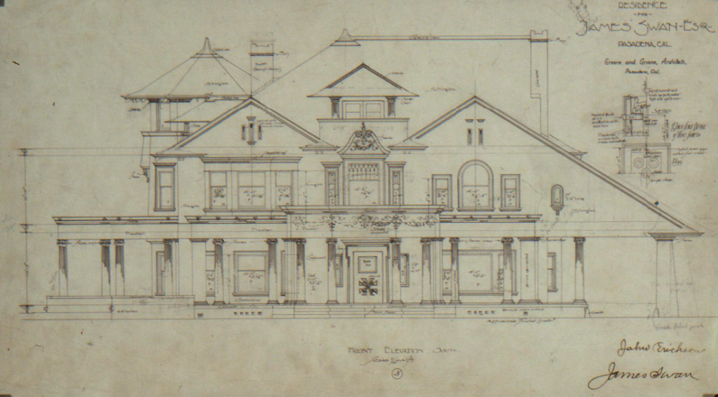 Front elevation drawing of the James Swan House designed by Greene & Greene and built in 1898.