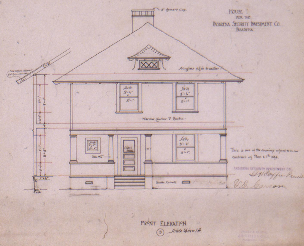 Original 1894 front elevation architectural drawing by Greene and Greene for Pasadena Security Investment Co House No 3 showing dormer window with lattice work and classical columned porch fourth commission