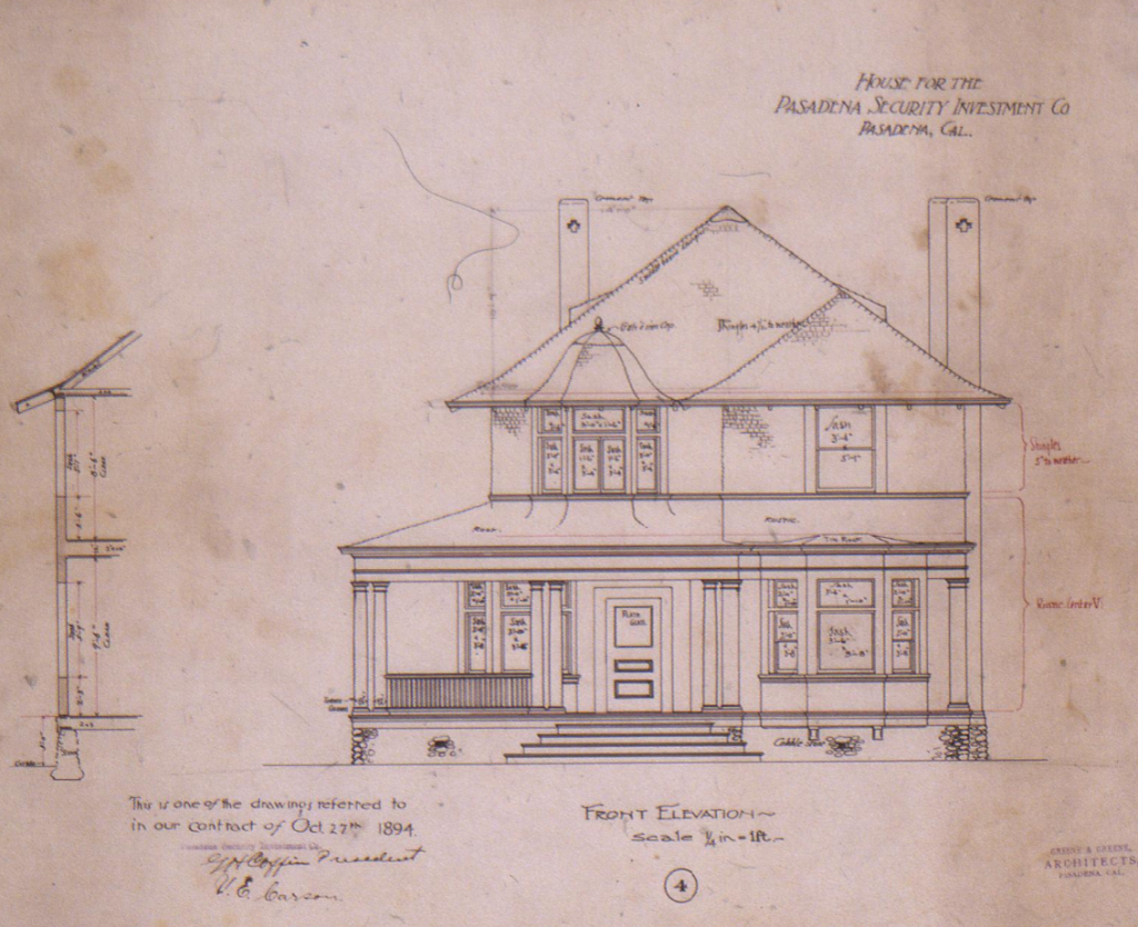 Original 1894 front elevation architectural drawing by Greene and Greene for Pasadena Security Investment Company Houses showing domed roof over octagonal bay and two-story design with detailed window arrangements