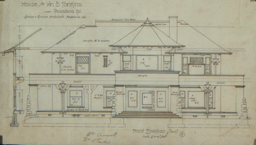 Front elevation drawing William B Tompkins House Greene and Greene elaborate residential