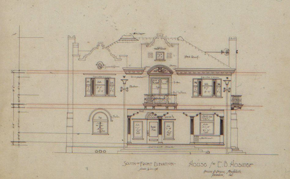 Front elevation drawing Edward B. Hosmer House Greene and Greene classical residential facade
