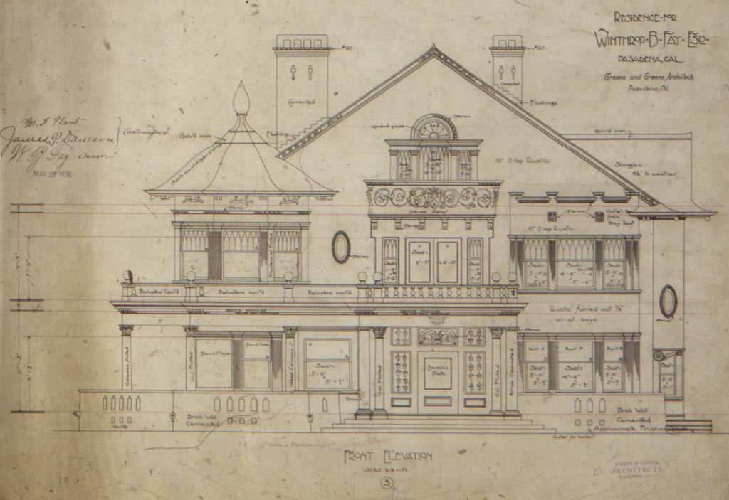 Front elevation drawing Winthrop B Fay House Greene and Greene Victorian ornate architecture