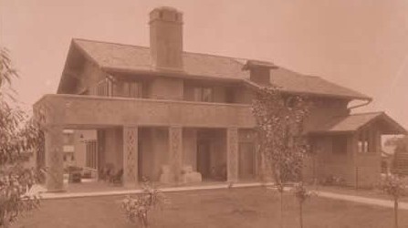 Dr. Nathan H. Williams House sepia historical photograph 1910s front elevation Gunite construction Greene Greene covered porch deep eaves innovative materials
