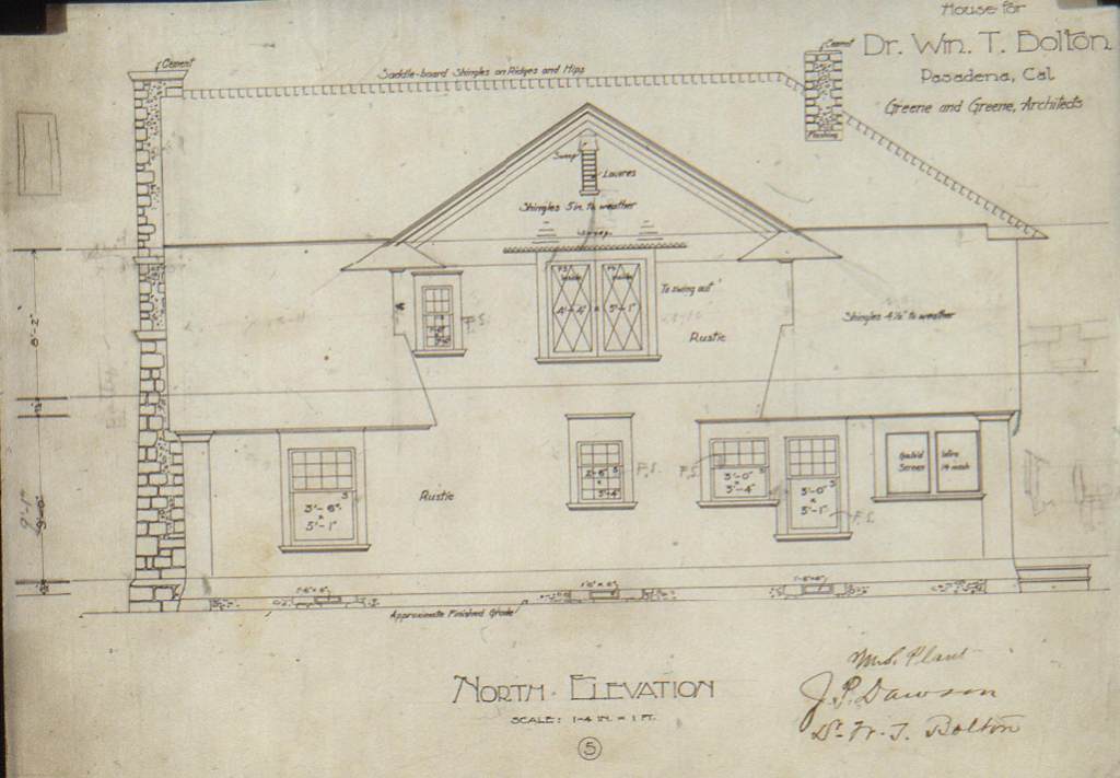 North elevation architectural drawing Dr William T Bolton House 1900 Greene Greene Shingle Style asymmetrical composition rustic materials Arts Crafts movement Pasadena