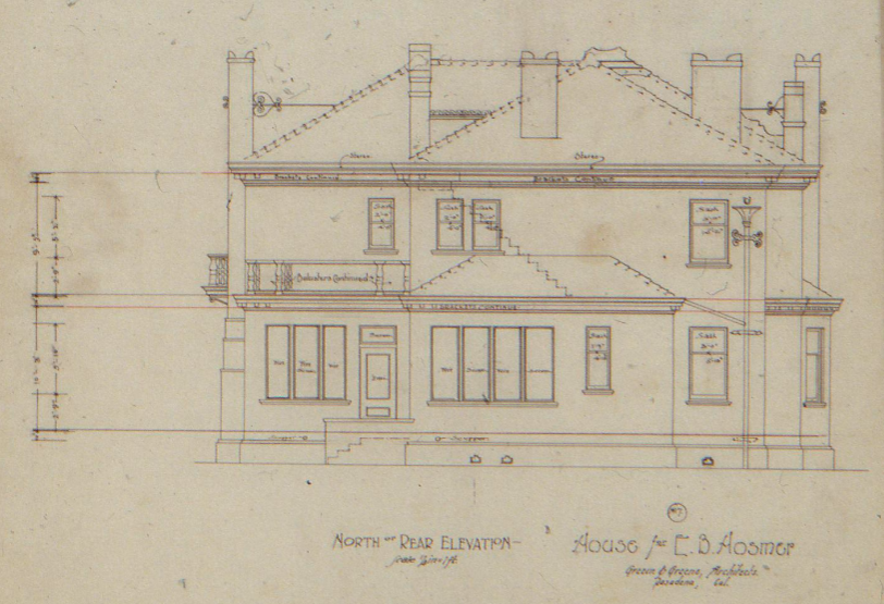 North elevation drawing Edward B. Hosmer House Greene and Greene rear residential facade