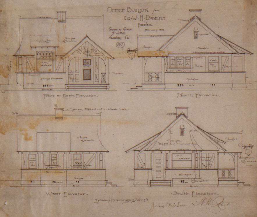 Plan elevations drawing Dr W H Roberts Office Building Greene and Greene professional design