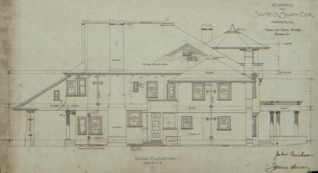 Rear elevation drawing of the James Swan House designed by Greene & Greene and built in 1898.