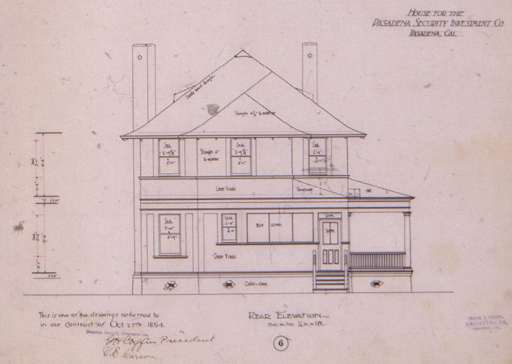 Original 1894 rear elevation architectural drawing by Greene and Greene for Pasadena Security Investment Company Houses showing service areas, secondary bay windows, and comprehensive two-story planning