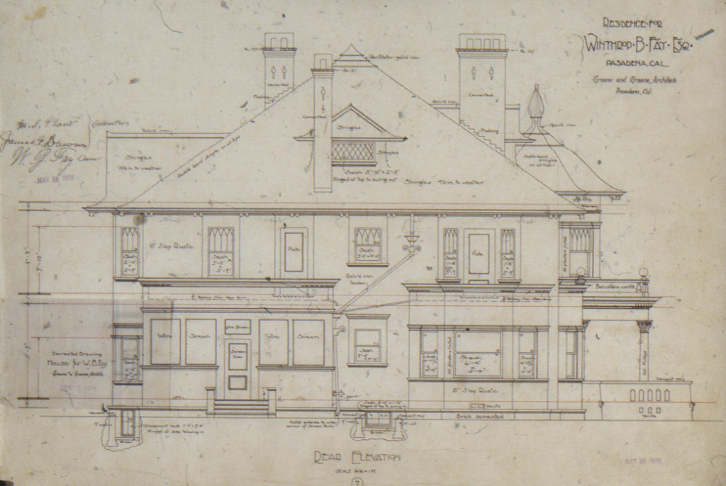 Rear elevation drawing Winthrop B Fay House Greene and Greene Victorian residential design