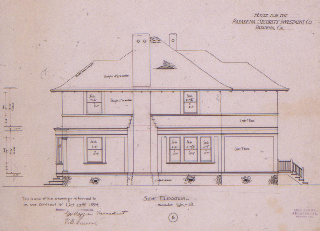 Original 1894 side elevation architectural drawing by Greene and Greene for Pasadena Security Investment Company Houses showing three-sided bay projection and comprehensive architectural detailing