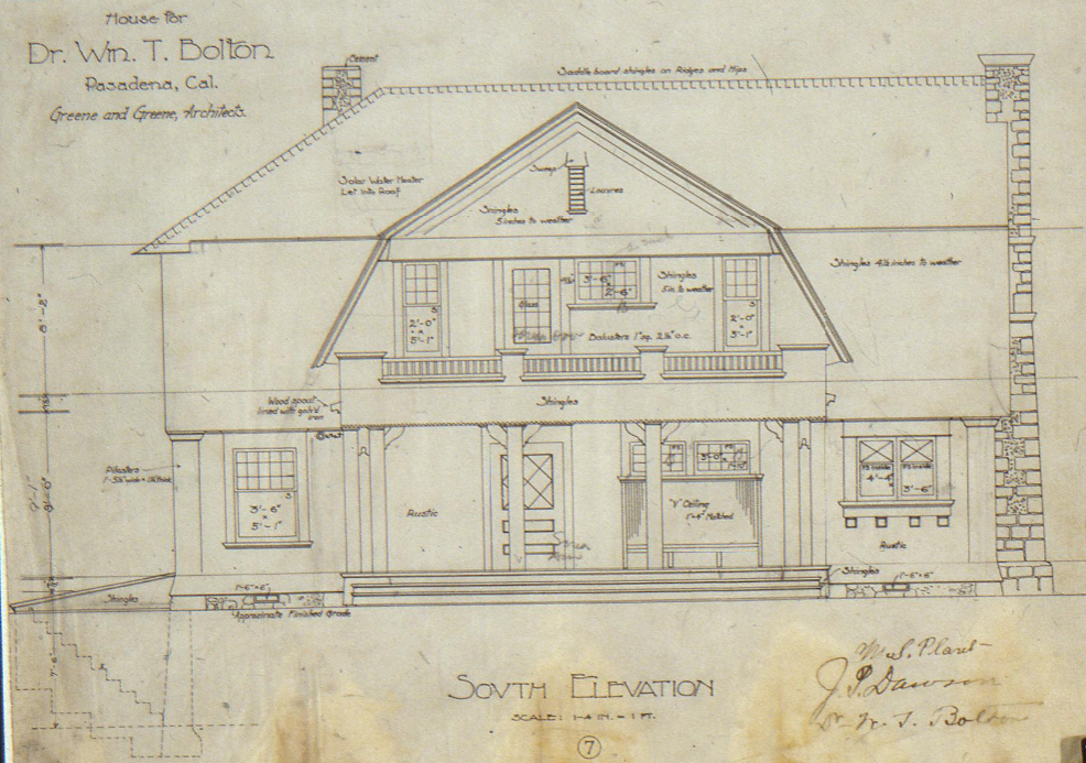 South elevation architectural drawing Dr William T Bolton House 1900 Greene Greene covered porch rustic detailing California lifestyle natural materials craft-oriented Arts Crafts