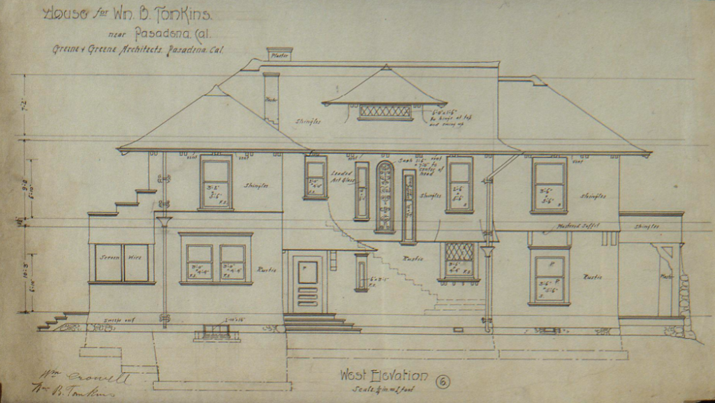 West elevation drawing William B Tompkins House Greene and Greene substantial residential