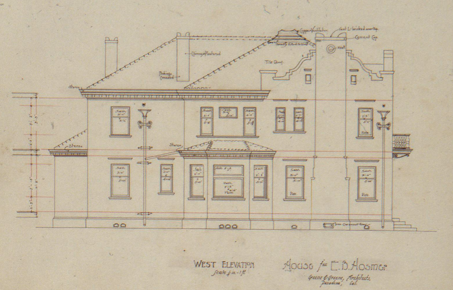 West elevation drawing Edward B. Hosmer House Greene and Greene residential architecture