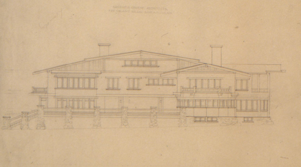 Original architectural alternate elevation drawing of the T. Stewart White House designed by Greene & Greene and never built.
