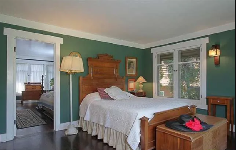 Gallery of six photographs showing the upstairs spaces of the Josephine van Rossem House No. 2 (1904) by Greene & Greene, including bathroom, four bedrooms with period furnishings and distinctive color schemes, and upstairs hallway with wood trim and built-in features, demonstrating the California House concept's comprehensive interior planning in Pasadena, California.