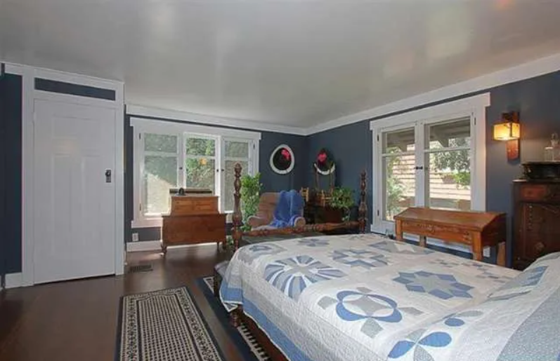 Gallery of six photographs showing the upstairs spaces of the Josephine van Rossem House No. 2 (1904) by Greene & Greene, including bathroom, four bedrooms with period furnishings and distinctive color schemes, and upstairs hallway with wood trim and built-in features, demonstrating the California House concept's comprehensive interior planning in Pasadena, California.
