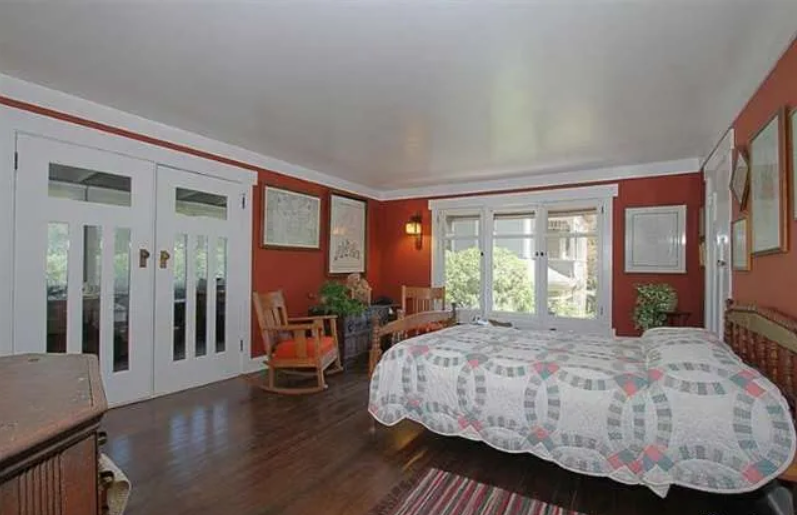 Gallery of six photographs showing the upstairs spaces of the Josephine van Rossem House No. 2 (1904) by Greene & Greene, including bathroom, four bedrooms with period furnishings and distinctive color schemes, and upstairs hallway with wood trim and built-in features, demonstrating the California House concept's comprehensive interior planning in Pasadena, California.