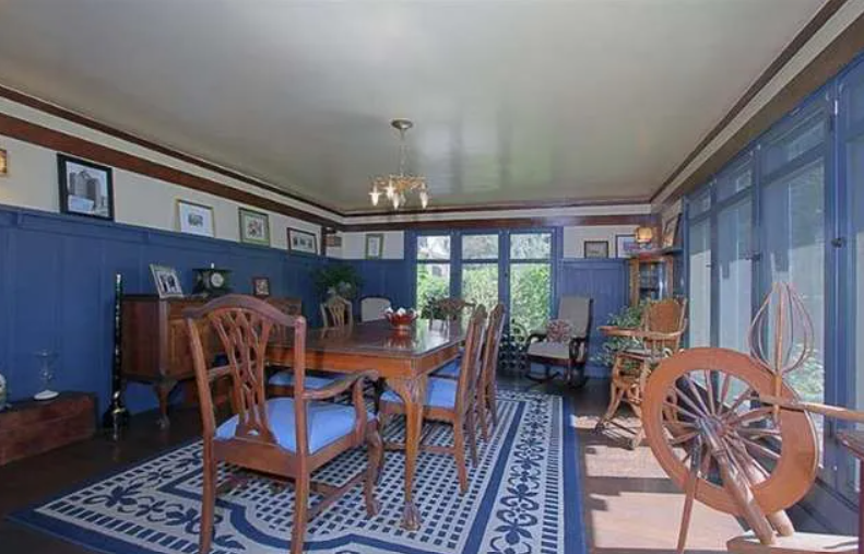 Gallery of six interior photographs showing the Josephine van Rossem House No. 2 (1904) by Greene & Greene, including dining room, fireplace area, kitchen, living room, stairway, and sun room, demonstrating the California House concept's interior planning, authentic woodwork, and indoor-outdoor living integration in Pasadena, California.