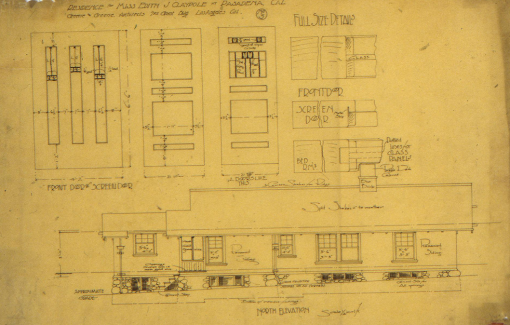 Architectural drawing showing the north elevation of the Dr. Edith J. Claypole House with detailed door specifications and full-size construction details.