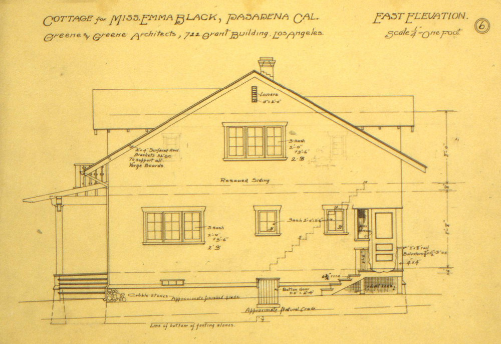 Original 1903 east elevation architectural drawing of the Emma M. Black House showing one-and-one-half story cottage design with natural wood siding, proportioned windows, and detailed construction specifications.