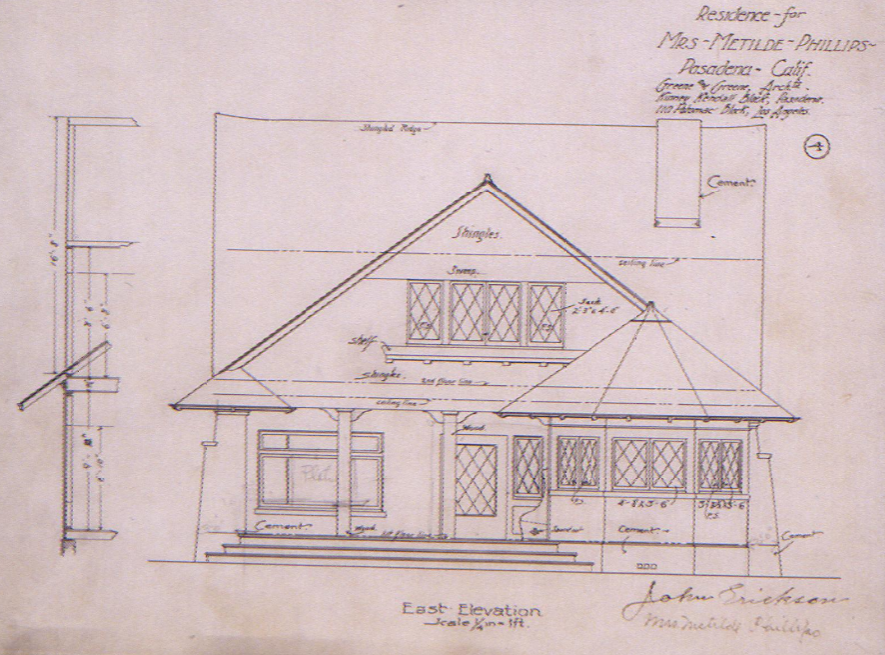 Original 1902 architectural drawing by Greene and Greene showing the east elevation of the Mrs. Metilde Phillips House, featuring diamond-pane casement windows, shingled walls, and oriental ridgeline treatment.