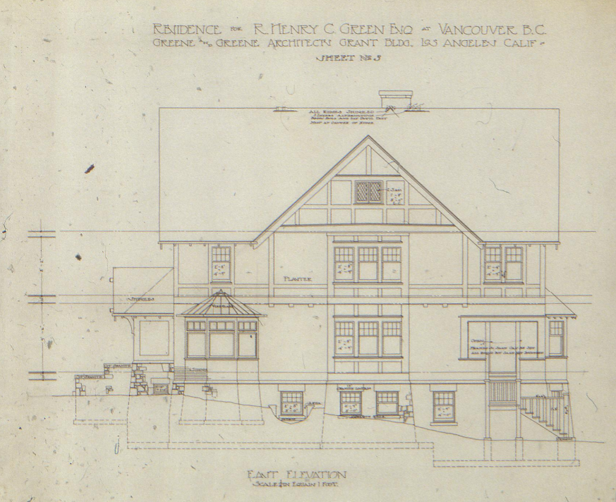 Architectural east elevation drawing of the R. Henry C. Green House displaying the comprehensive design approach with half-timbered details, multiple building levels, and the innovative octagonal conservatory projection that distinguished this international commission.