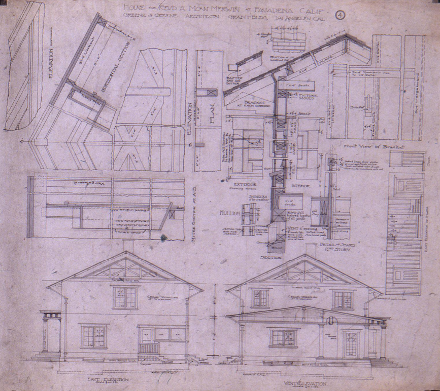 Original architectural drawing sheet showing east and west elevations of the Rev. Alexander Moss Merwin House by Greene & Greene, including detailed construction sections, material specifications, and comprehensive technical drawings that guided the 1904 construction by contractor Peter Hall.