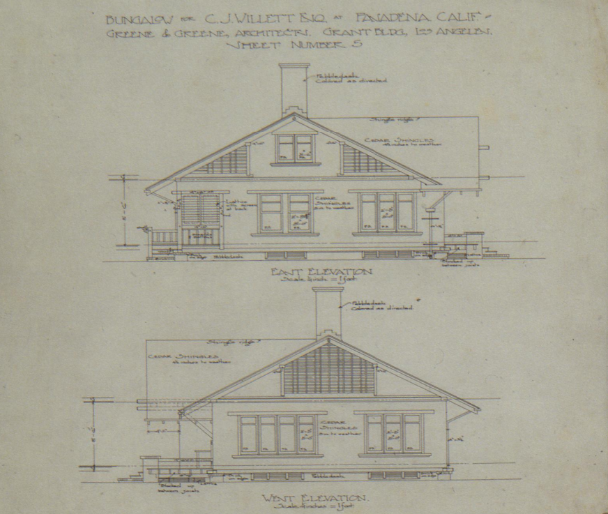 An architectural elevation drawing showing the east and west sides of the Judge Charles J. Willett House.