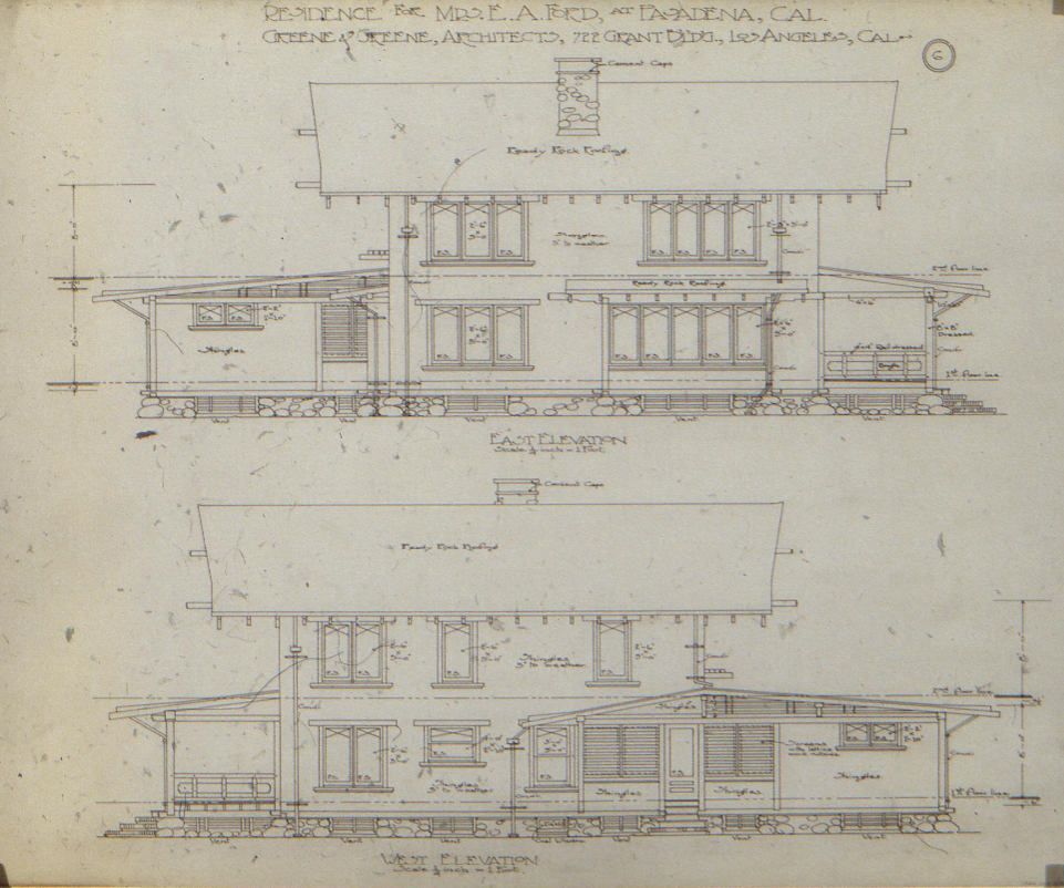 An architectural elevation drawing showing the east and west sides of the unbuilt Mrs. E. A. Ford House.