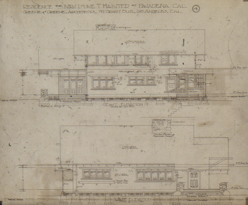 An architectural elevation drawing showing the east and west sides of the Louise T. Halsted House.
