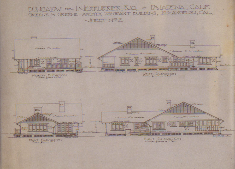 Architectural elevation drawing of the August C. Brandt/Iwan Serrurier House by Greene & Greene, showing the front, rear, and side elevations of the modest bungalow design.