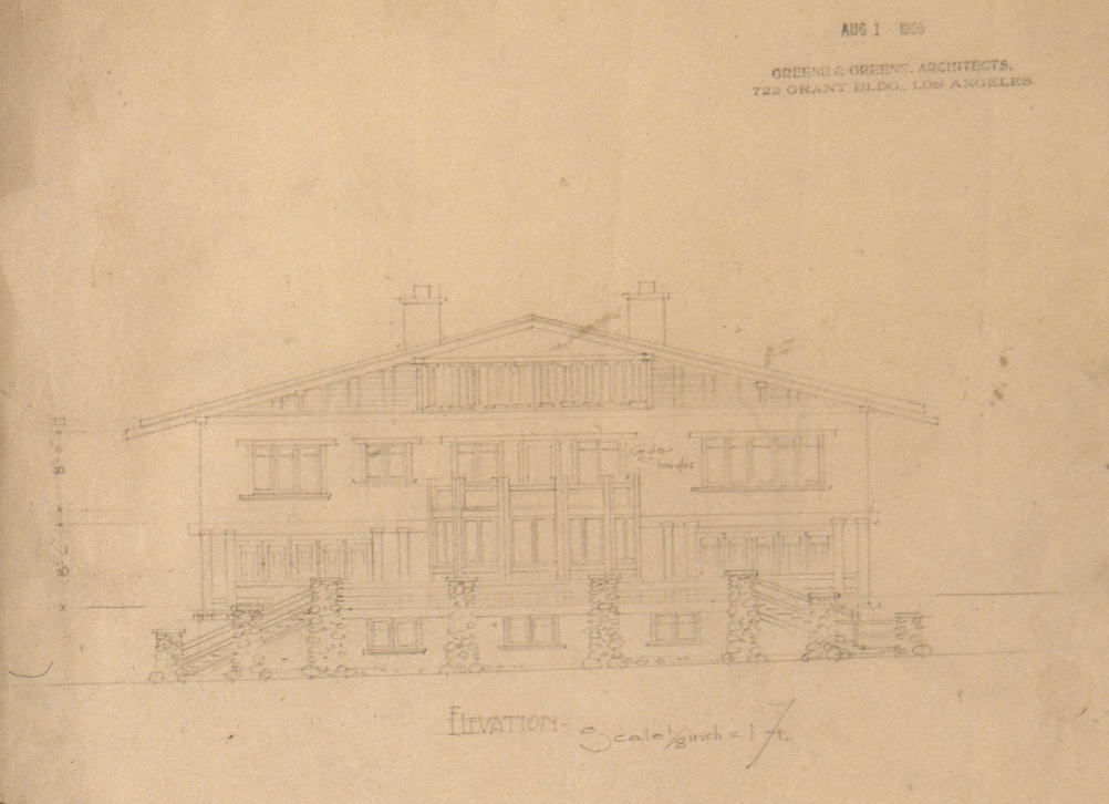 Original architectural elevation drawing of the T. Stewart White House designed by Greene & Greene but unbuilt.