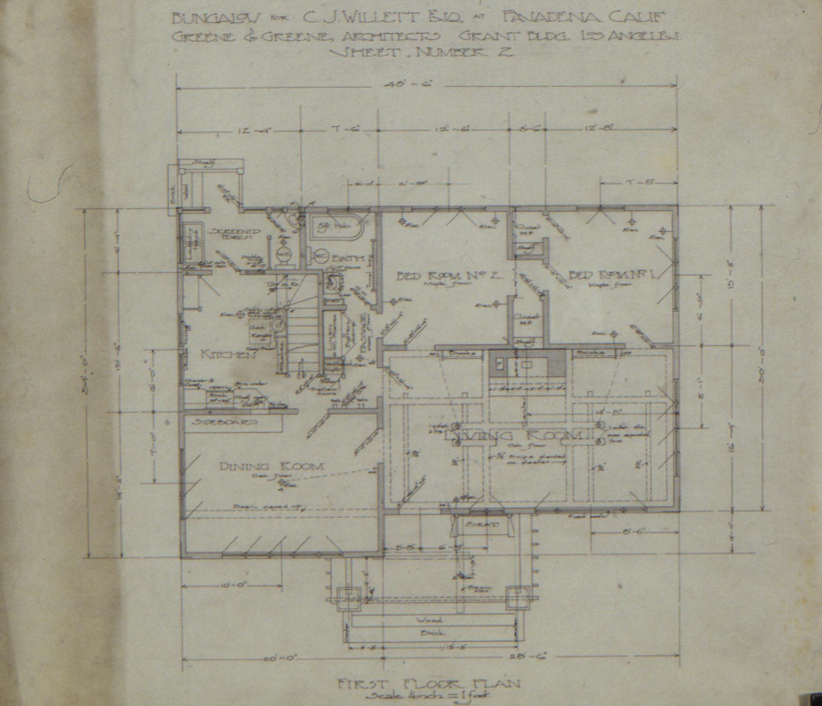 The first-floor plan of the Judge Charles J. Willett House, showing the layout of the main living and service areas.