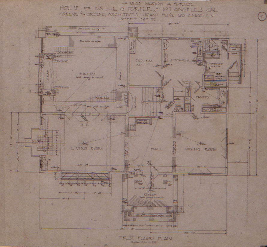 First-floor plan of the Mrs. L. G. and Miss Marion Porter House, showing the L-shaped layout with a living room, dining room, kitchen, and a large patio.