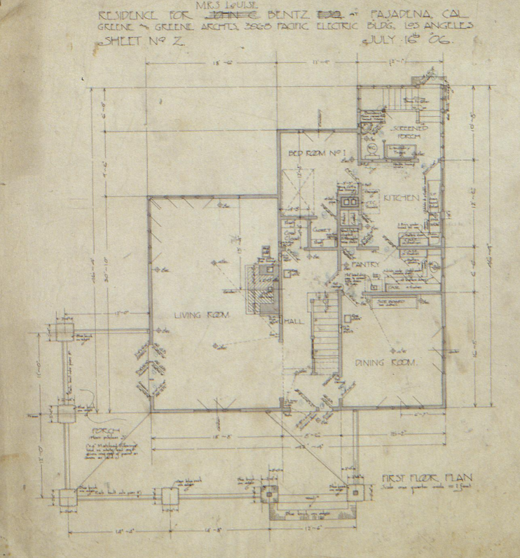 First-floor plan of the Louise C. Bentz House, showing the layout of the living room, dining room, kitchen, and other first-floor spaces.