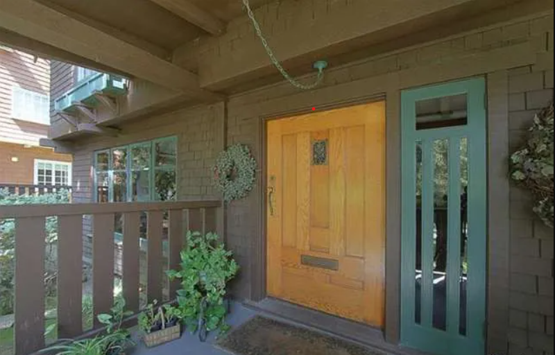 Gallery of four contemporary photographs showing the Josephine van Rossem House No. 2 (1904) by Greene & Greene, including driveway approach view, front door entrance detail, full front elevation, and covered front porch, demonstrating the California House concept with cedar shingle siding, cobblestone foundation, and mature landscape integration in Pasadena, California.
