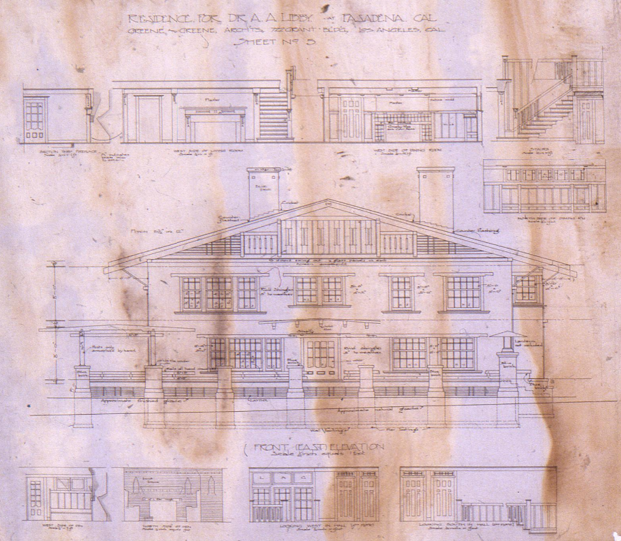 Original architectural front elevation drawing of the Dr. Arthur A. Libby House by Greene & Greene, showing detailed specifications for the single-ridge roof, full-height windows, deep eaves, and chalet-inspired design elements that made this 1905 commission a pivotal transitional masterpiece.