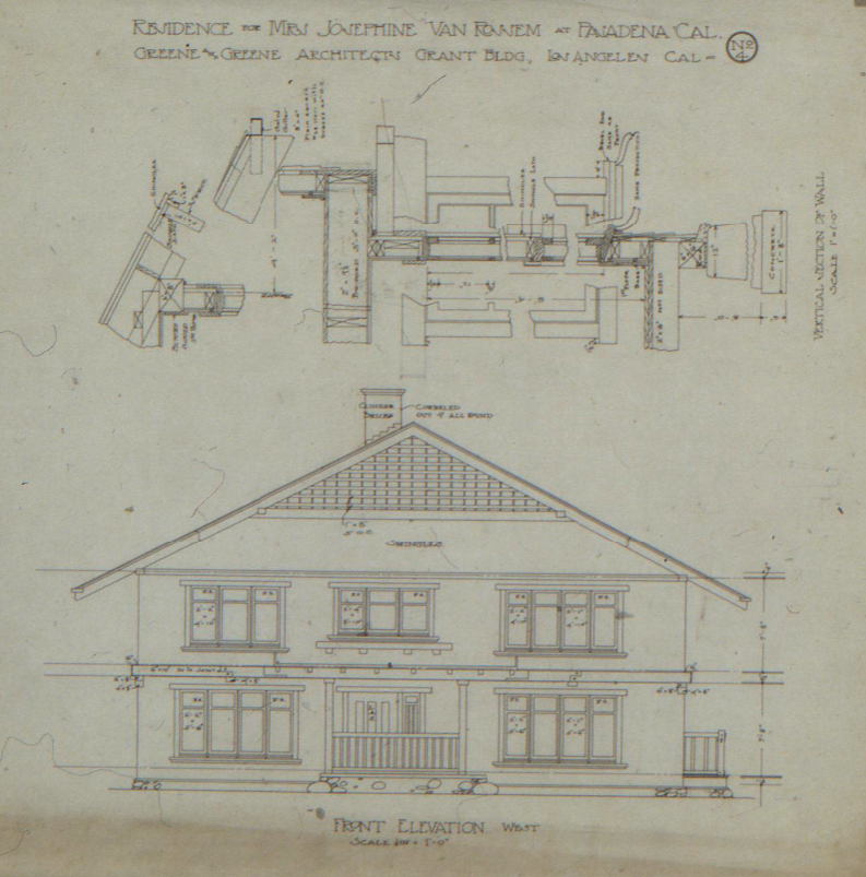 Gallery of three original architectural drawings for the Josephine van Rossem House No. 2 (1904) by Greene & Greene, showing front elevation with floor plan, south elevation with interior details, and rear elevation with dining room details, demonstrating the California House concept's comprehensive documentation and design development in Pasadena, California.