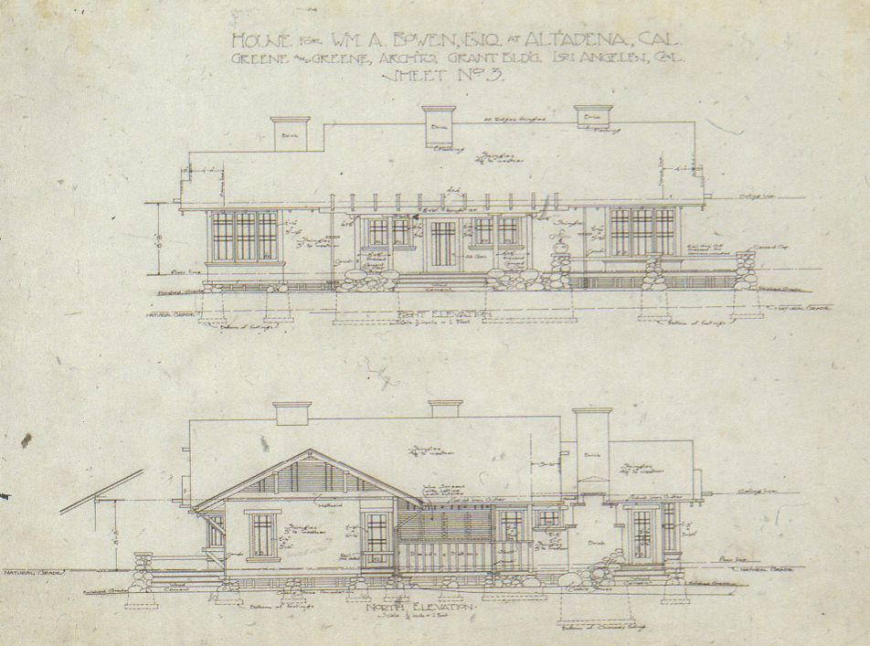 An architectural drawing showing the front and north elevations of the William A. Bowen House.