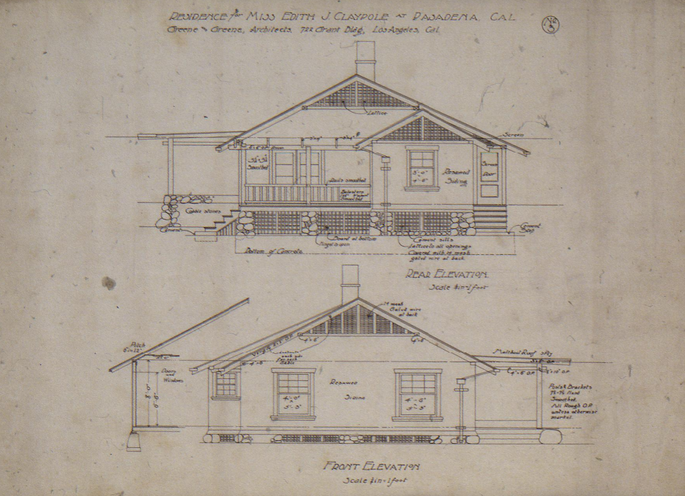 Architectural drawing displaying both the front and rear elevations of the Dr. Edith J. Claypole House, showing the simple gabled design and window arrangements.